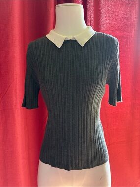 BCBG Ribbed Short Sleeve Sweater with White Peter Pan Collar, XL